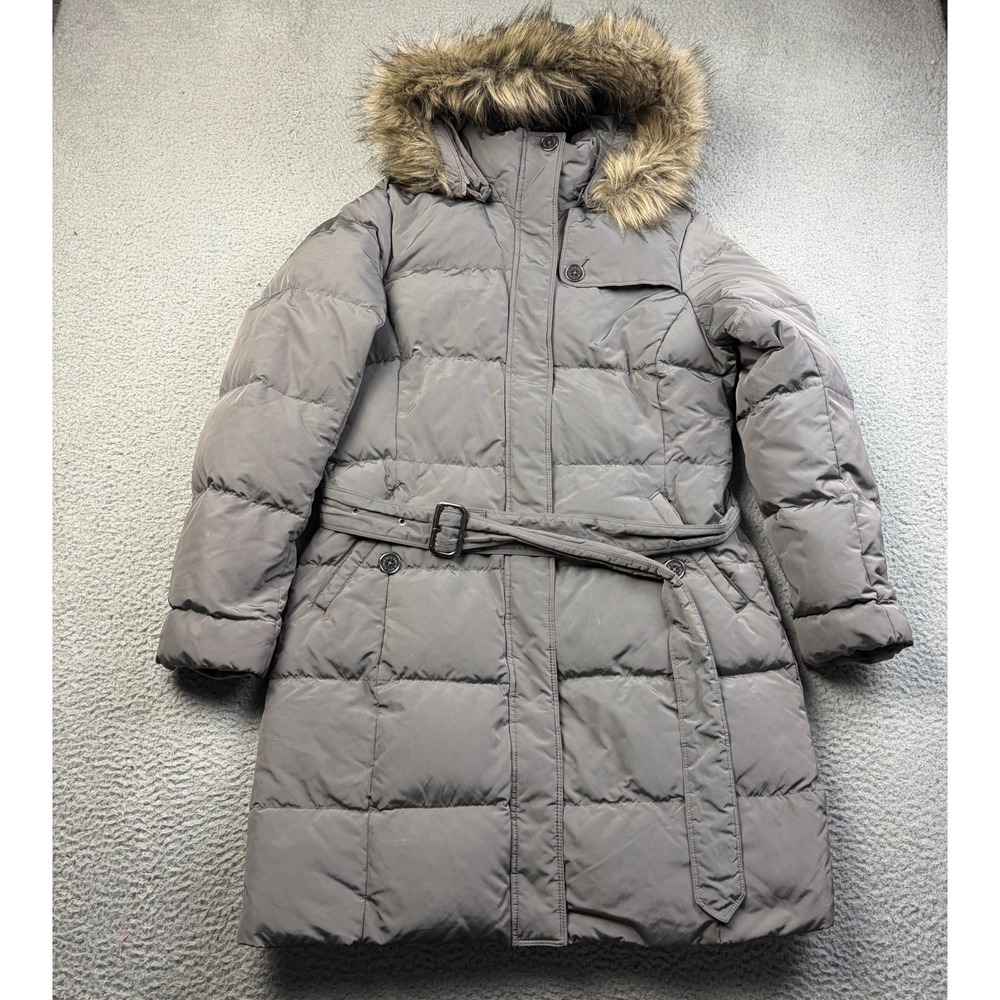 Lands End Coat Women Gray Max 600 Down Winter Puffer Belted Hooded Jacket Medium